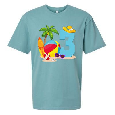 3 Year Old Beach Ball Pool Party Birthday Summer Vacation Sueded Cloud Jersey T-Shirt