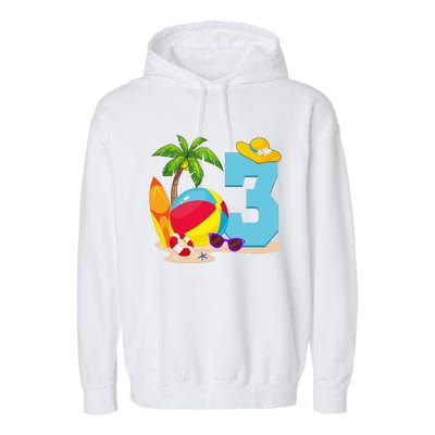 3 Year Old Beach Ball Pool Party Birthday Summer Vacation Garment-Dyed Fleece Hoodie