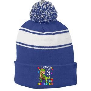 3 Year Old 3rd Birthday T Rex Dinosaur Stripe Pom Pom Beanie