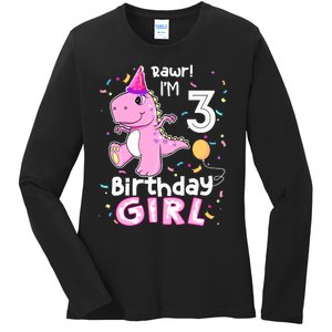 3 Year Old Dinosaur Birthday 3rd T Rex Dino Three Saurus Ladies Long Sleeve Shirt