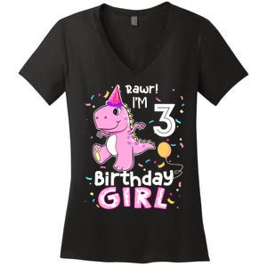 3 Year Old Dinosaur Birthday 3rd T Rex Dino Three Saurus Women's V-Neck T-Shirt