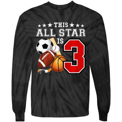 3 Year Old Sports Star Birthday Party All Sport 3rd Gift Tie-Dye Long Sleeve Shirt