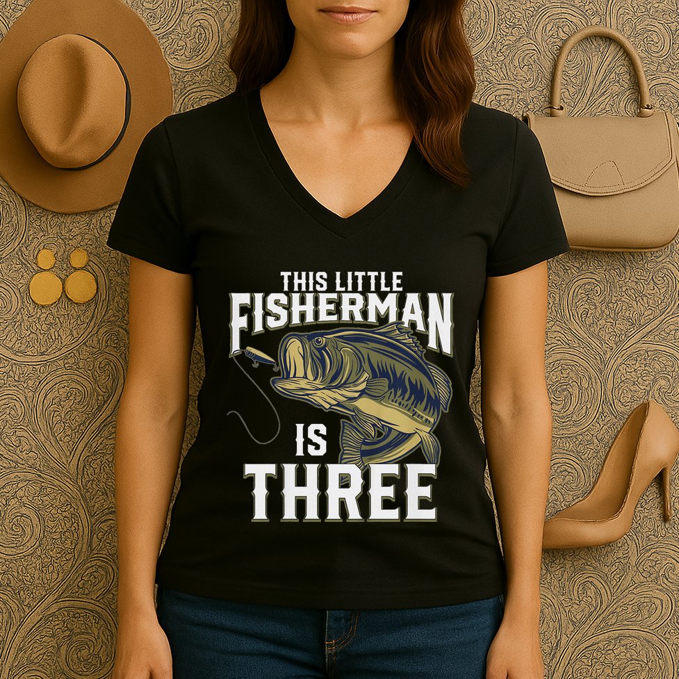 3 Year Old Fishing Birthday Party Fisherman 3rd Gift For Boy Women's V-Neck T-Shirt