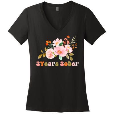 3 Years Sober Gift Sober Anniversary Gift Sobriety Gift Recovery Soberversary Women's V-Neck T-Shirt