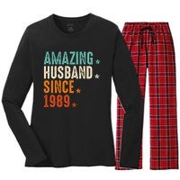 35 Years Wedding Anniversary Amazing Husband Since 1989 Women's Long Sleeve Flannel Pajama Set 