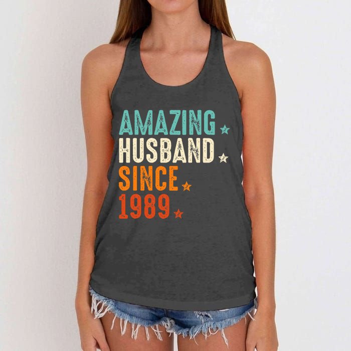 35 Years Wedding Anniversary Amazing Husband Since 1989 Women's Knotted Racerback Tank