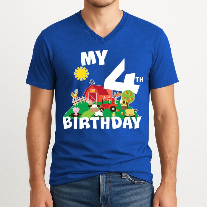 4 Year Old Farm My 4th Birthday V-Neck T-Shirt