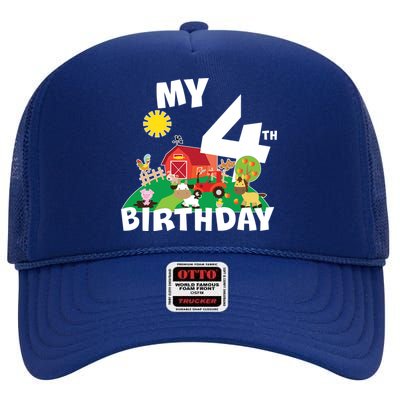 4 Year Old Farm My 4th Birthday High Crown Mesh Back Trucker Hat