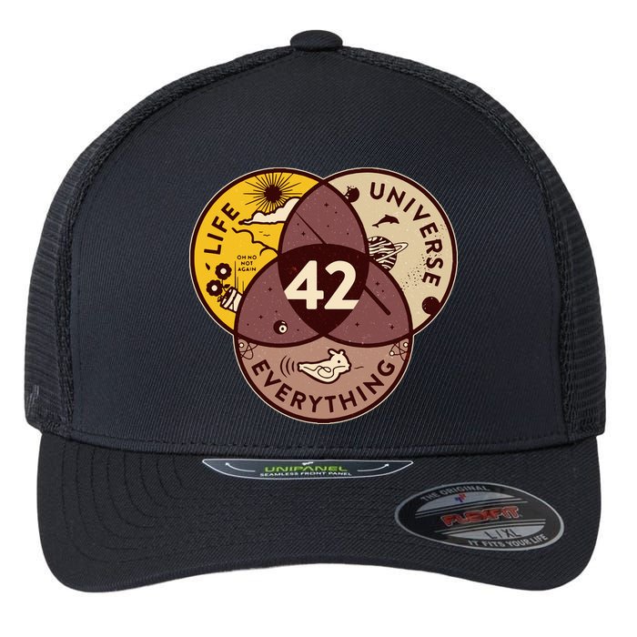 42 Answers To Life Universe Everything Hitchhikers Galaxy Guide Flexfit Unipanel Trucker Cap