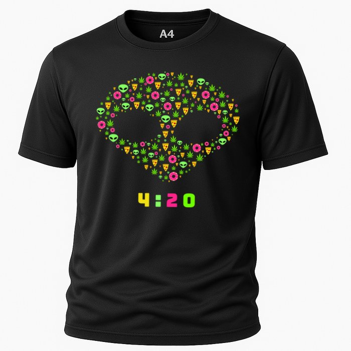 420 Alien Face Marijuana Weed With Pizza and Donuts Cooling Performance Crew T-Shirt