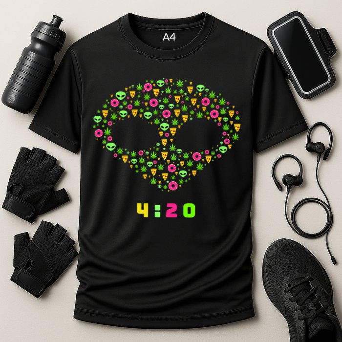 420 Alien Face Marijuana Weed With Pizza and Donuts Cooling Performance Crew T-Shirt