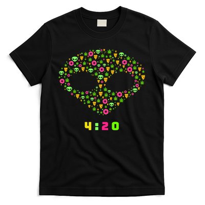 420 Alien Face Marijuana Weed With Pizza and Donuts T-Shirt