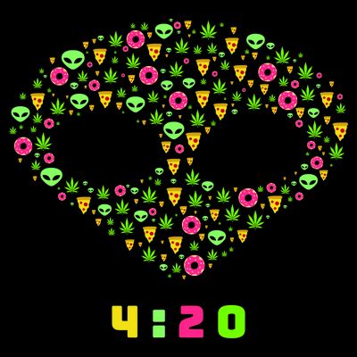 420 Alien Face Marijuana Weed With Pizza and Donuts T-Shirt