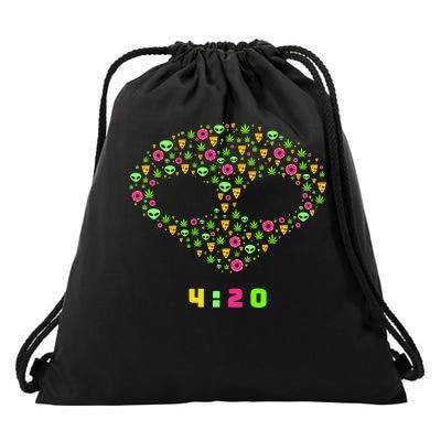 420 Alien Face Marijuana Weed With Pizza and Donuts Drawstring Bag