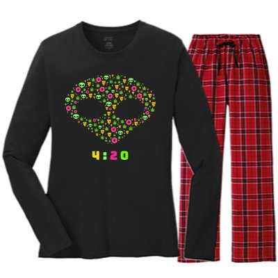 420 Alien Face Marijuana Weed With Pizza and Donuts Women's Long Sleeve Flannel Pajama Set 