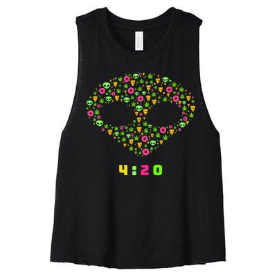 420 Alien Face Marijuana Weed With Pizza and Donuts Women's Racerback Cropped Tank