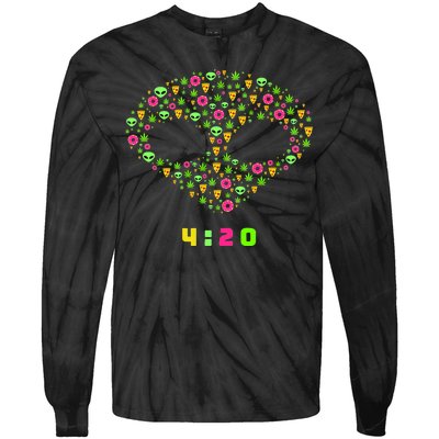 420 Alien Face Marijuana Weed With Pizza and Donuts Tie-Dye Long Sleeve Shirt