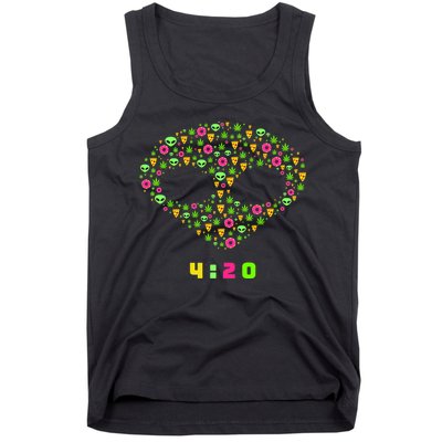 420 Alien Face Marijuana Weed With Pizza and Donuts Tank Top