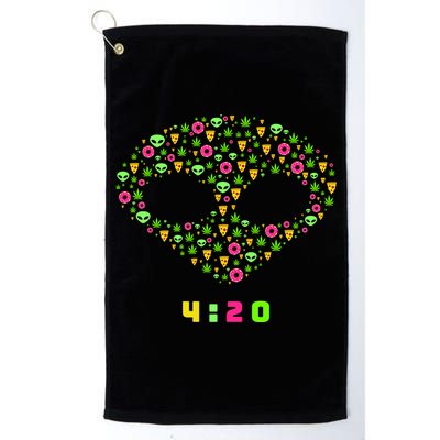 420 Alien Face Marijuana Weed With Pizza and Donuts Golf Towel