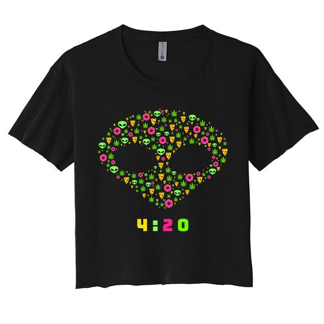 420 Alien Face Marijuana Weed With Pizza and Donuts Crop Top