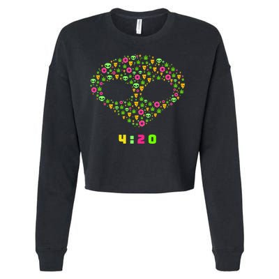 420 Alien Face Marijuana Weed With Pizza and Donuts Cropped Pullover Crew