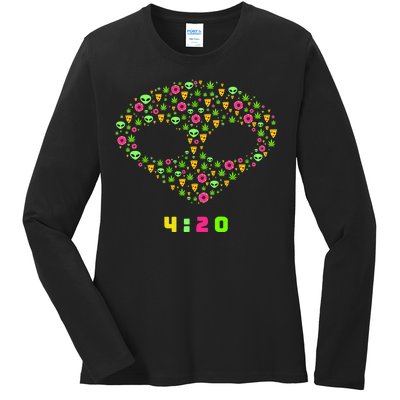 420 Alien Face Marijuana Weed With Pizza and Donuts Ladies Long Sleeve Shirt