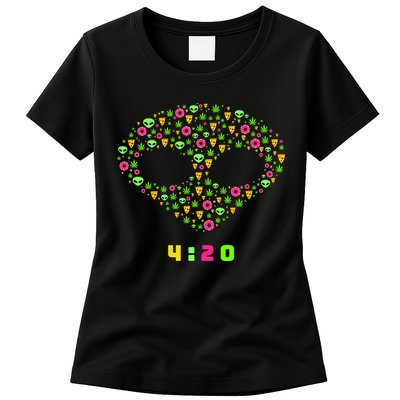 420 Alien Face Marijuana Weed With Pizza and Donuts Womens T-Shirt