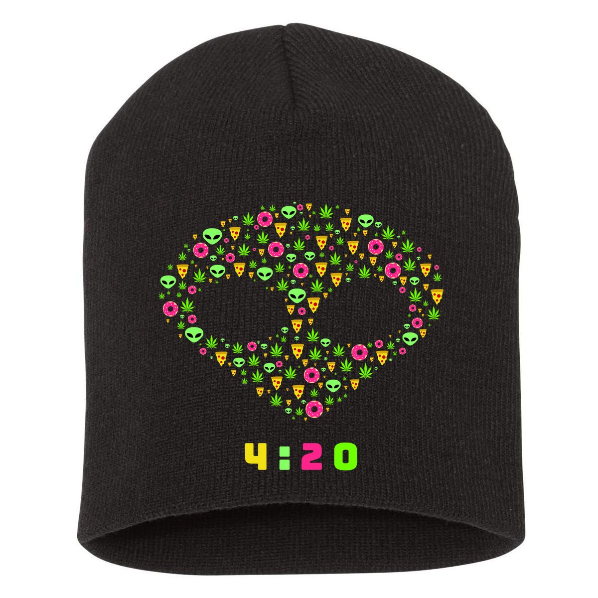 420 Alien Face Marijuana Weed With Pizza and Donuts Short Acrylic Beanie