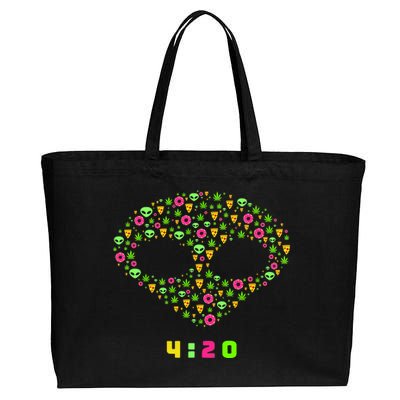 420 Alien Face Marijuana Weed With Pizza and Donuts Cotton Canvas Jumbo Tote