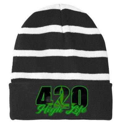 420 High Life Medical Marijuana Weed Striped Beanie with Solid Band