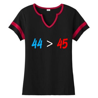 44 > 45 Red White Blue 44th President is Greater Than 45 Ladies Halftime Notch Neck Tee