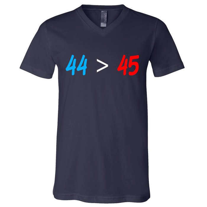 44 > 45 Red White Blue 44th President is Greater Than 45 V-Neck T-Shirt