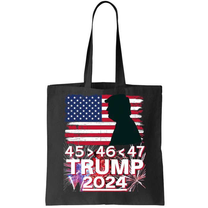 45 46 47 Trump 2024 Vintage American Flag Fireworks Tote Bag