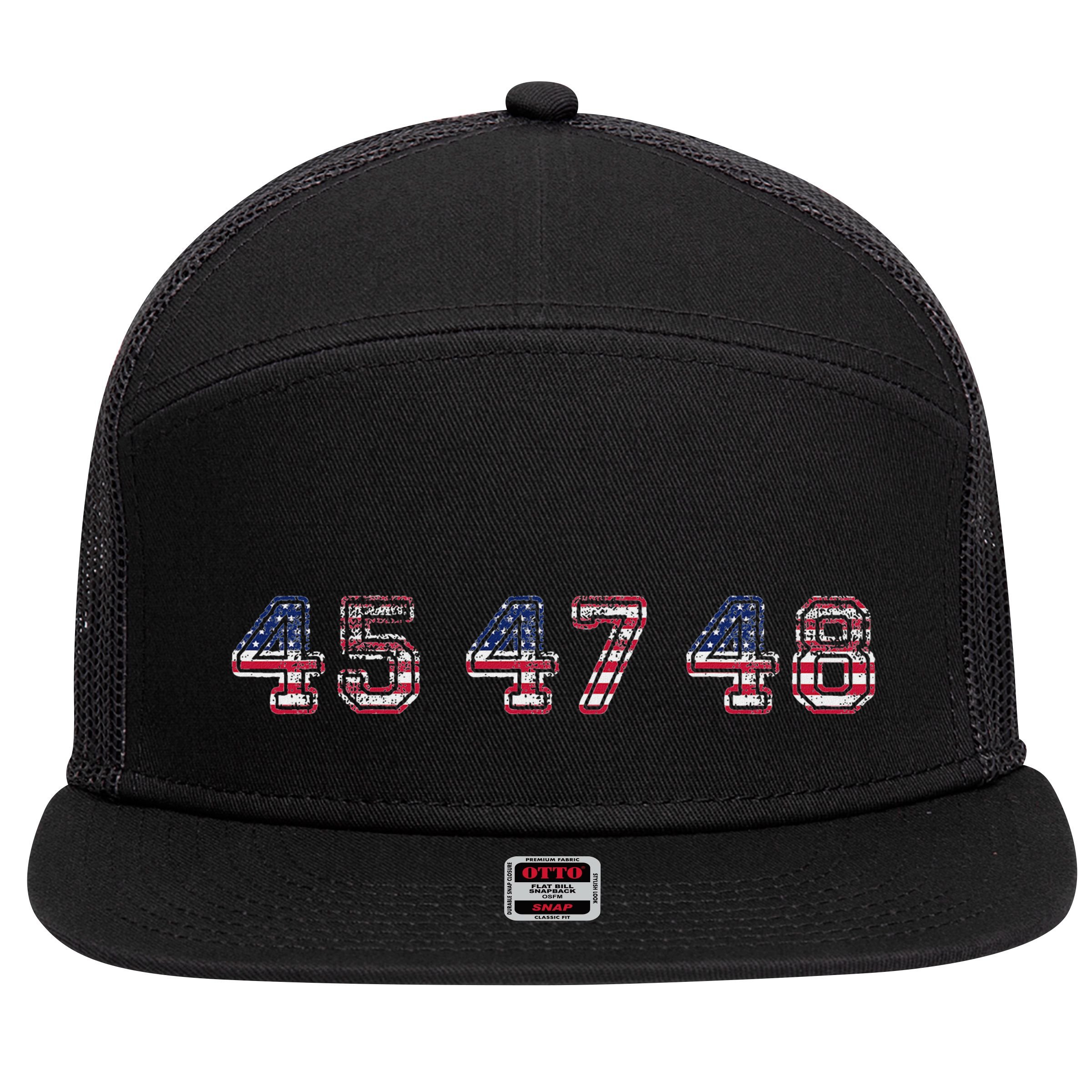 45 47 48 Trump 2024 2028 Flag Take American Back Vance 2028 7 Panel Mesh Trucker Snapback Hat