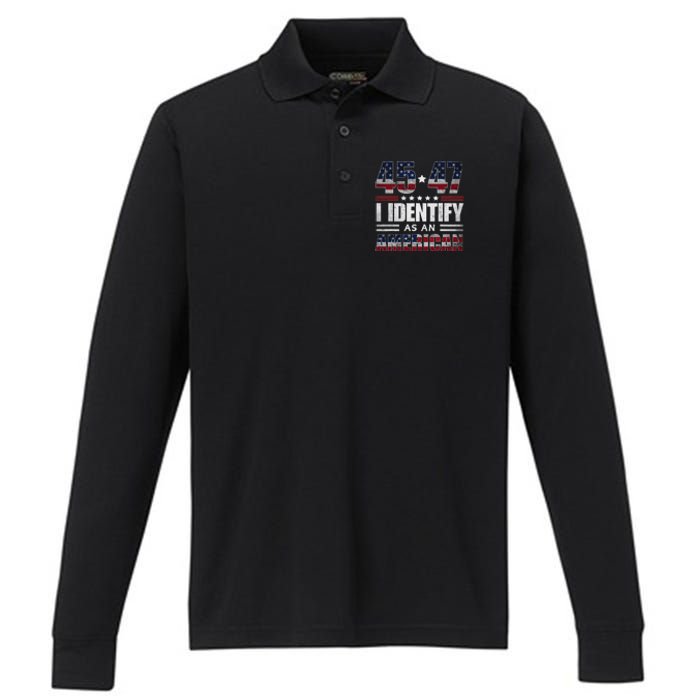 45 47 I Identify As An American 45 47 Trump Usa Flag Performance Long Sleeve Polo