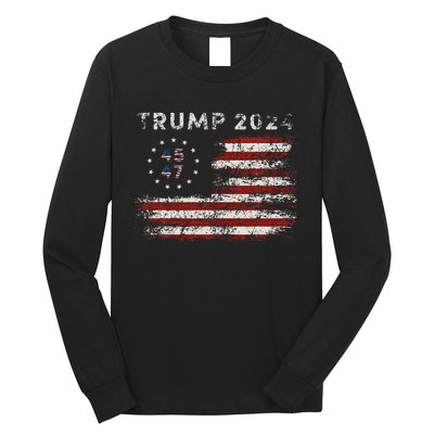 45 47 Trump 2024 American Flag Long Sleeve Shirt