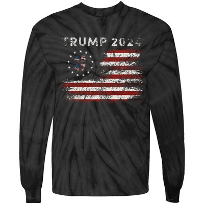 45 47 Trump 2024 American Flag Tie-Dye Long Sleeve Shirt