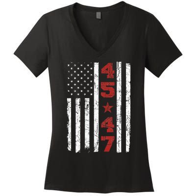 45 47 Trump Vintage Usa Flag 2024 President Election Women's V-Neck T-Shirt