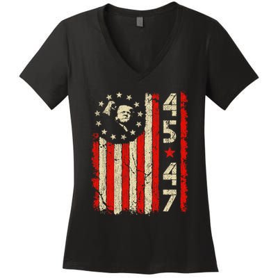 45 47 Trump President Inauguration Usa Retro Trump 2025 Flag Women's V-Neck T-Shirt