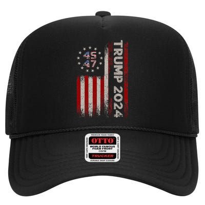 45 47 Trump 2024 American Flag High Crown Mesh Back Trucker Hat