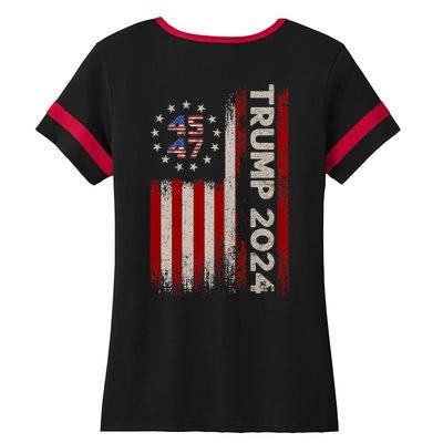 45 47 Trump 2024 American Flag Front And Back Ladies Halftime Notch Neck Tee