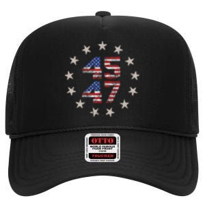 45 47 Trump 2024 American Flag Front And Back High Crown Mesh Back Trucker Hat