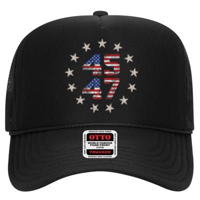 45 47 Trump 2024 American Flag Front And Back High Crown Mesh Back Trucker Hat