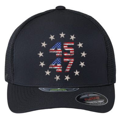 45 47 Trump 2024 American Flag Front And Back Flexfit Unipanel Trucker Cap