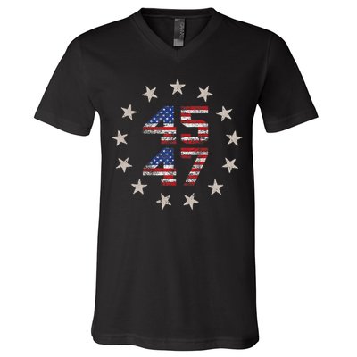 45 47 Trump 2024 American Flag Front And Back V-Neck T-Shirt