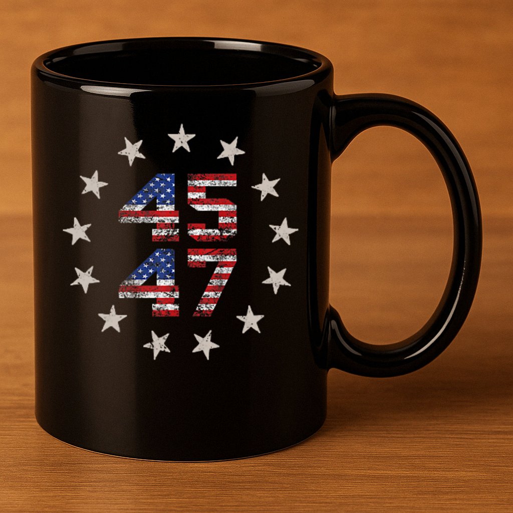 45 47 Trump 2024 American Flag Front And Back 11oz C Handle Ceramic Mug