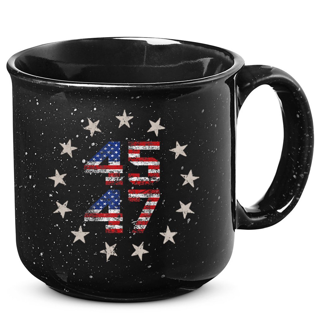 45 47 Trump 2024 American Flag Front And Back 15oz Campfire Ceramic Mug