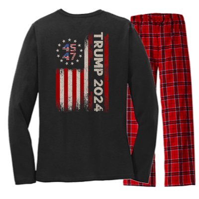 45 47 Trump 2024 American Flag Front And Back Women's Long Sleeve Flannel Pajama Set 