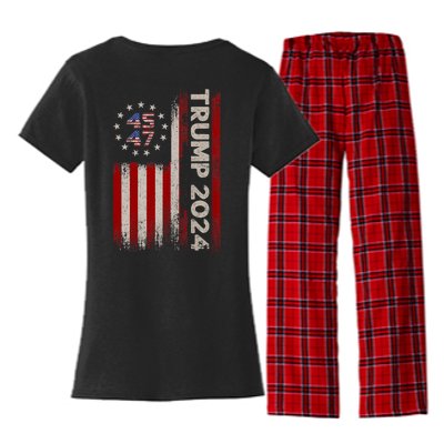 45 47 Trump 2024 American Flag Front And Back Women's Flannel Pajama Set