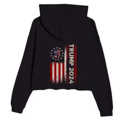 45 47 Trump 2024 American Flag Front And Back Crop Fleece Hoodie